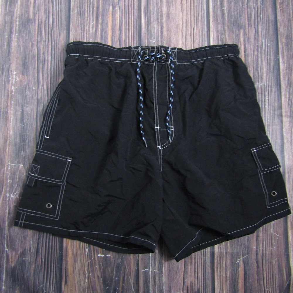 Catalina Mens M Black Cargo Swim Shorts Drawstring Lined Quick Dry Pockets